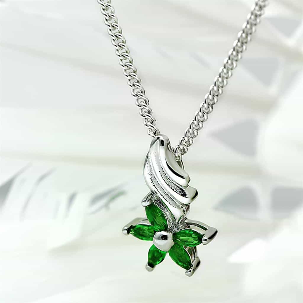 Brass Silver Green Emerald CZ Flower Pendant Necklace view 3