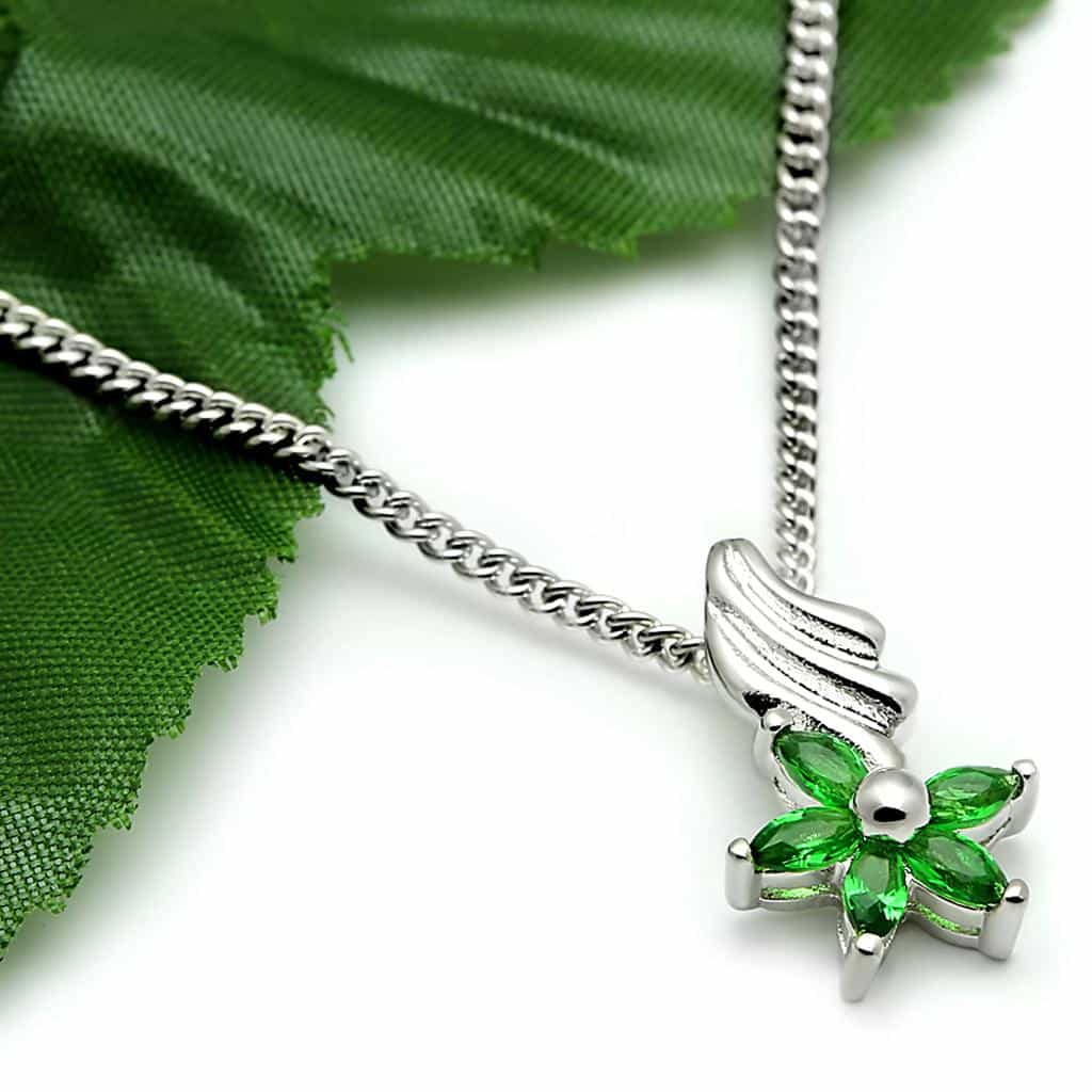 Brass Silver Green Emerald CZ Flower Pendant Necklace view 4