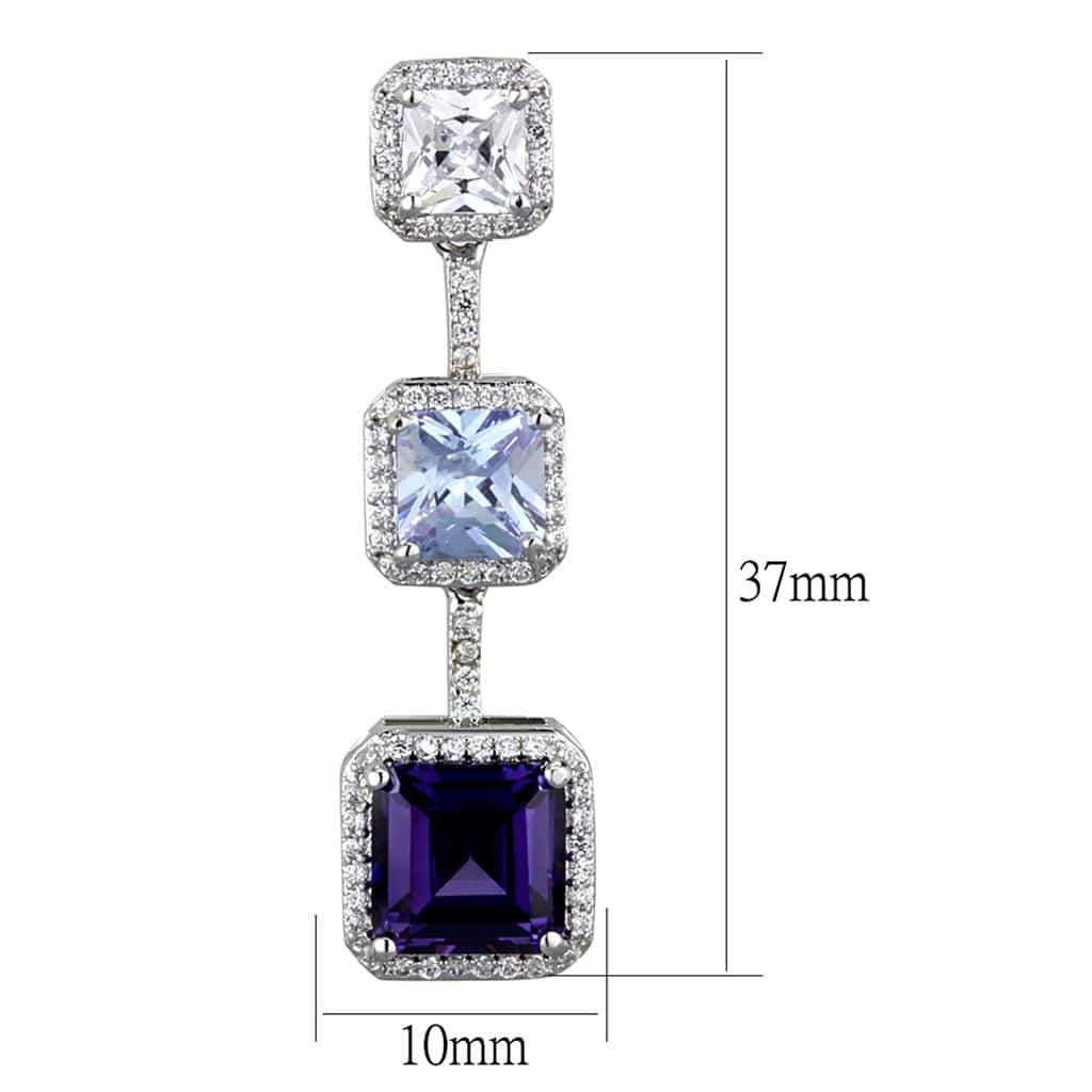 Brass Silver Purple Amethyst Square CZ Triple Halo Drop Earrings view 2
