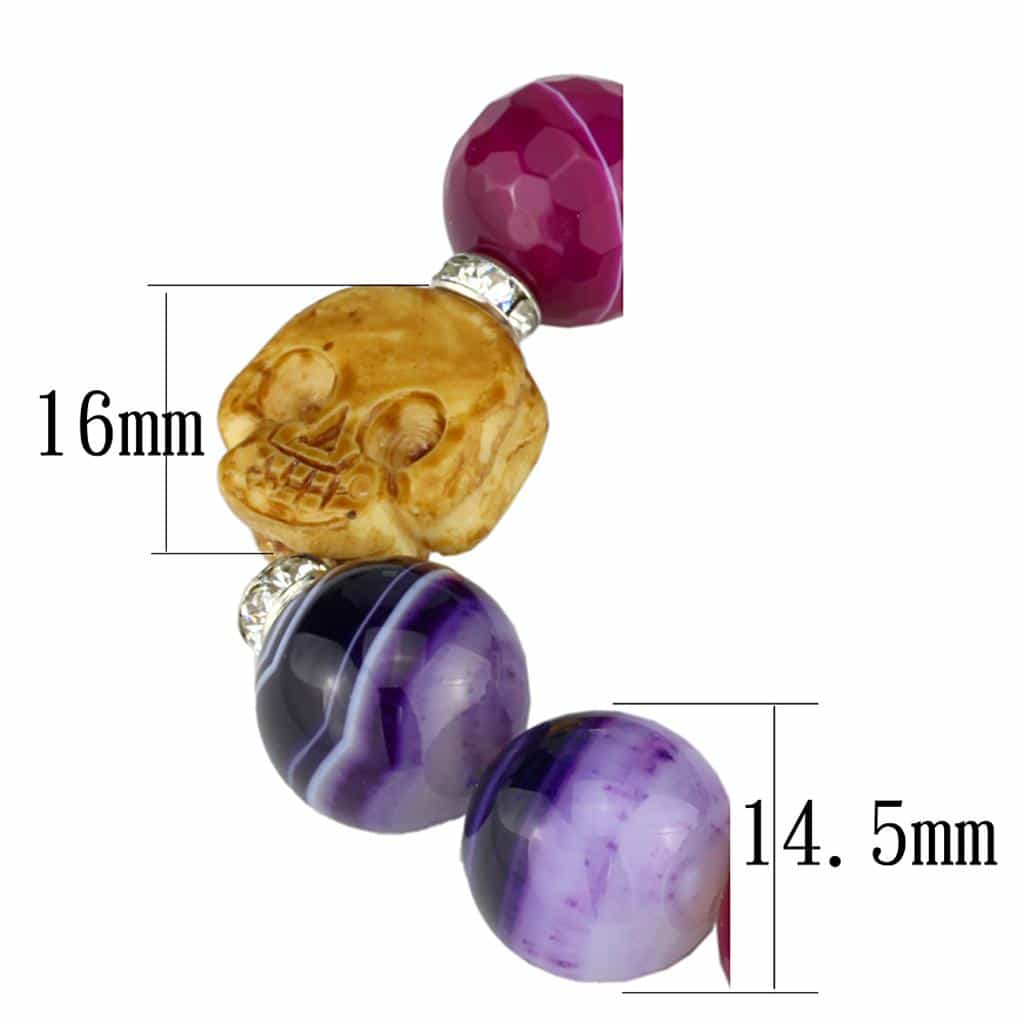 Brass Purple Pink Agate Gold CZ Ball Skull Bead Stretch Bracelet view 2