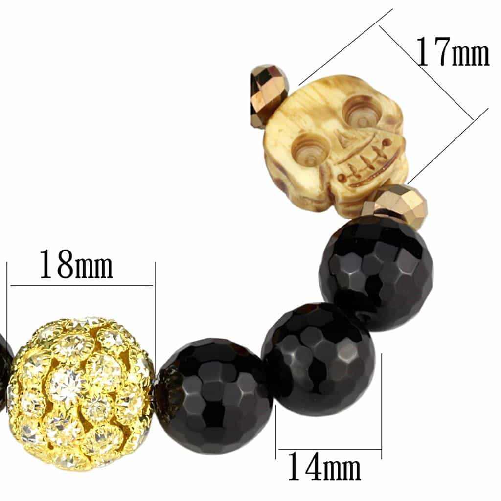 Brass Black Onyx Gold CZ Ball Skull Bead Stretch Bracelet view 2