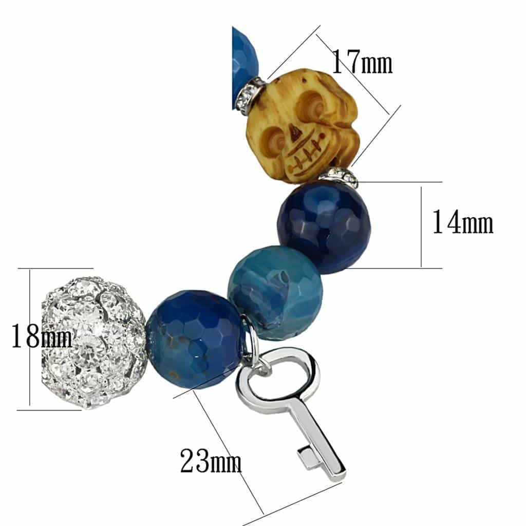 Brass Blue Agate Silver CZ Ball Key Charm Bead Stretch Bracelet view 2
