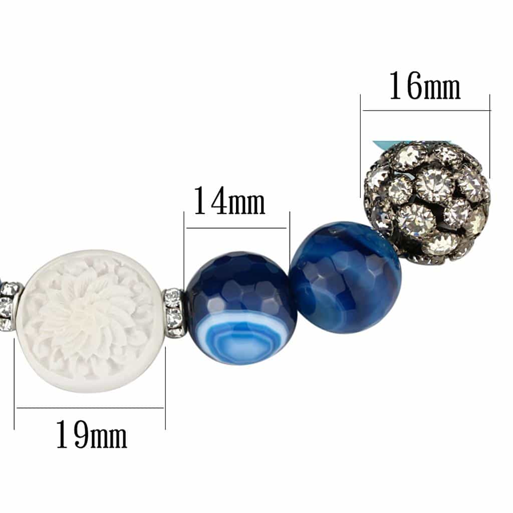 Brass Blue Agate Silver CZ Ball Flower Bead Stretch Bracelet view 2