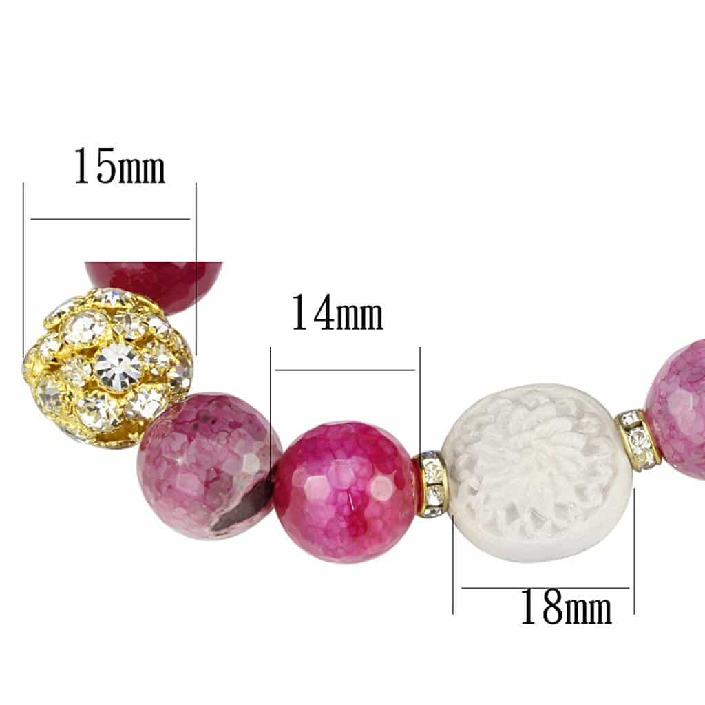 Brass Pink Fuchsia Agate Gold CZ Ball Flower Bead Bracelet view 2