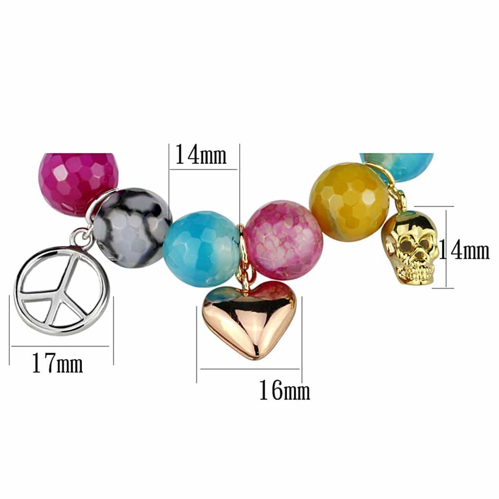 Brass Rainbow Multi Color Agate Peace Heart Skull Charm Bracelet view 2
