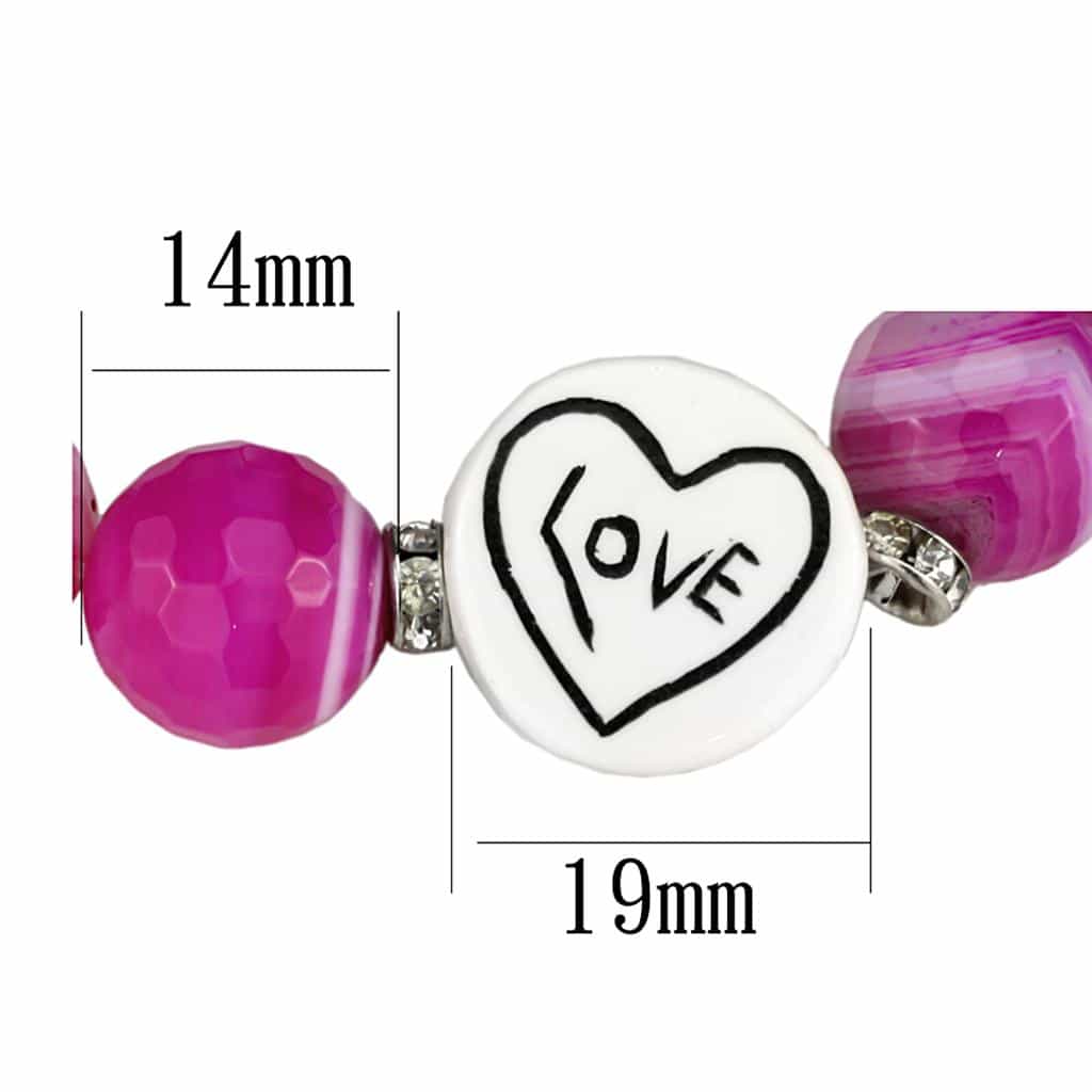 Brass Pink Striped Agate Silver CZ Ball Love Heart Charm Bracelet view 2