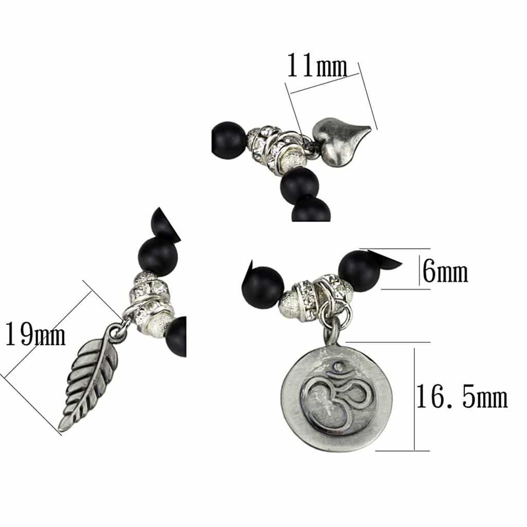 Brass Black Matte Onyx Silver Feather Om Charm Stretch Bracelet view 2