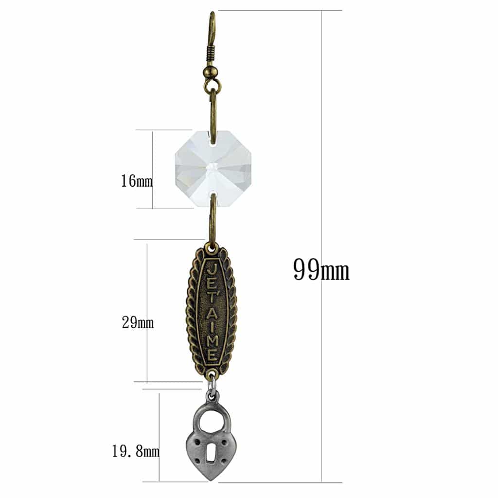 Brass Antique Gold Crystal Je Taime Lock Charm Dangle Earrings view 2