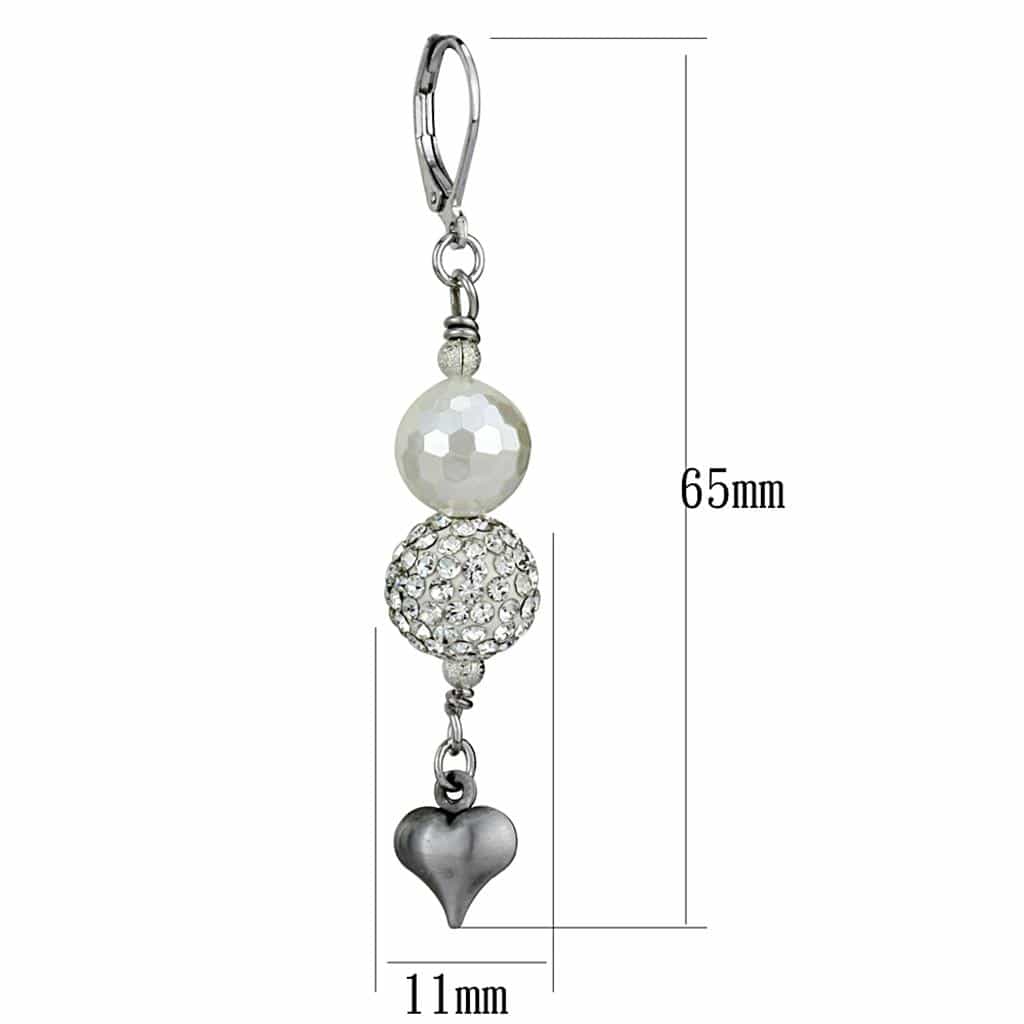 Brass Silver Pearl CZ Ball Heart Charm Leverback Earrings view 2