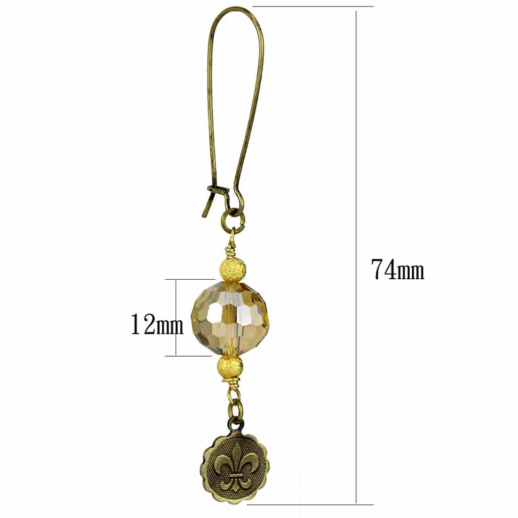 Brass Antique Gold Crystal Fleur De Lis Charm Dangle Earrings view 2