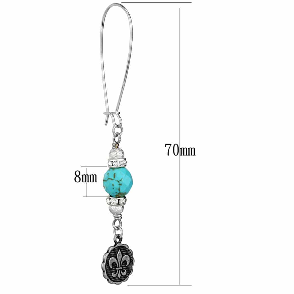 Brass Silver Turquoise Bead Fleur De Lis Charm Dangle Earrings view 2