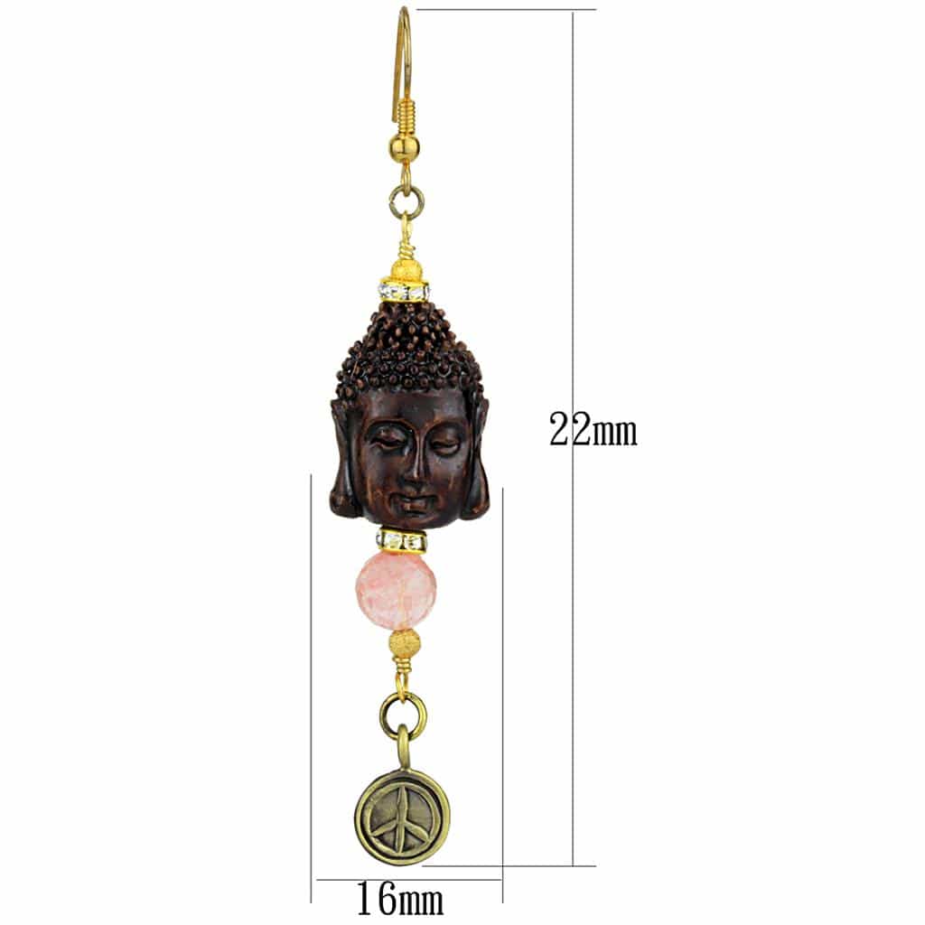 Brass Gold Pink Stone Buddha Head Peace Sign Dangle Earrings view 2
