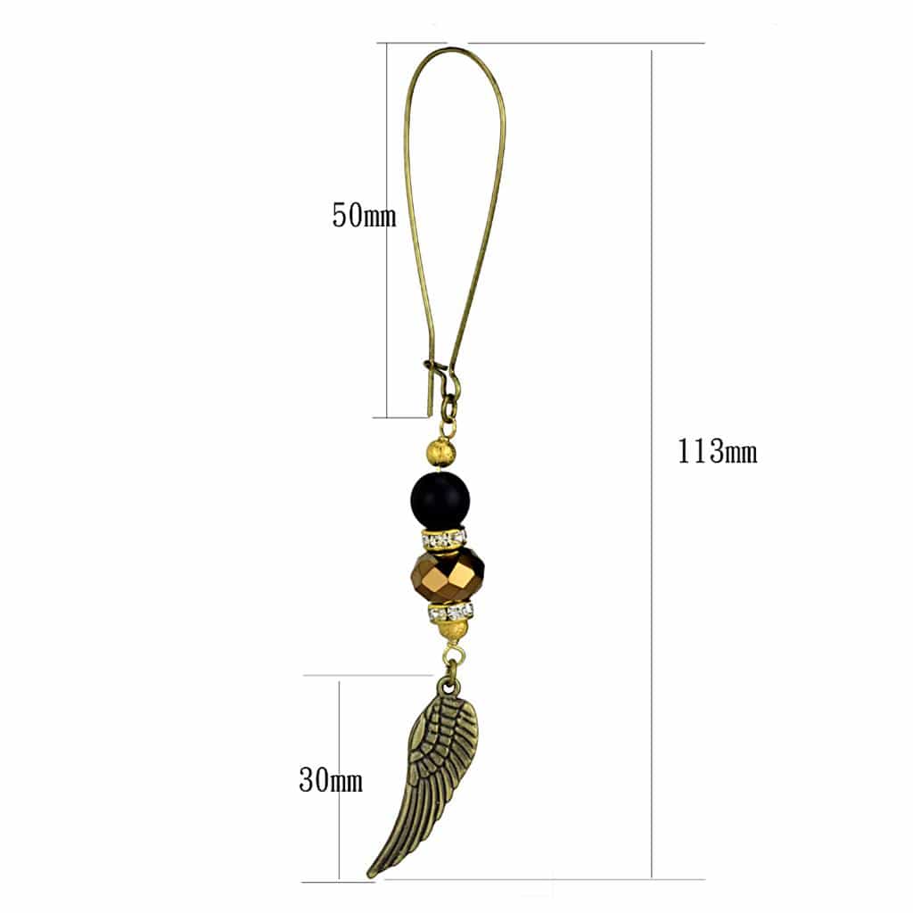 Brass Antique Gold Black Crystal Angel Wing Charm Dangle Earrings view 2