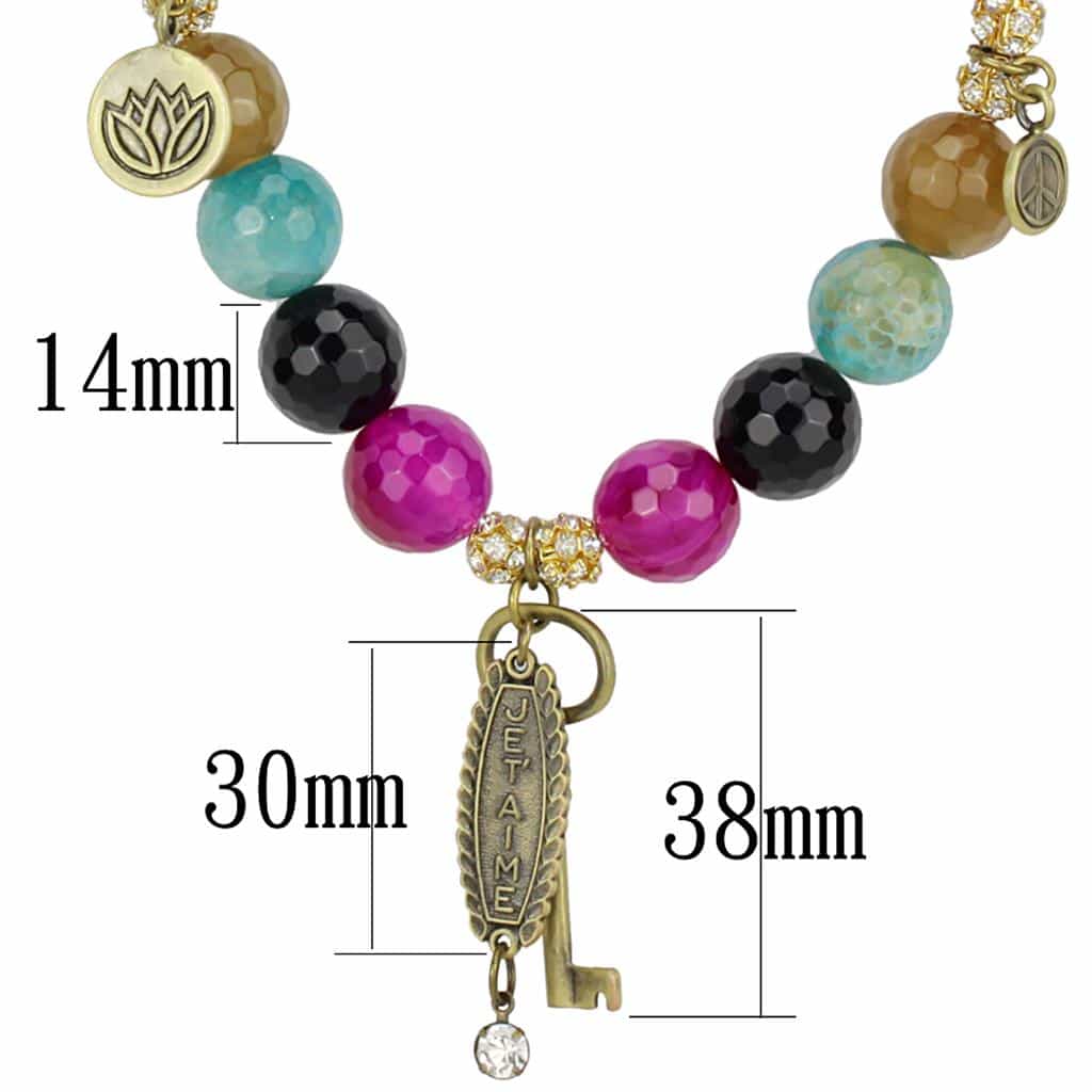 Brass Multi Color Agate Gold Leaf Key Charm Bead Necklace view 2