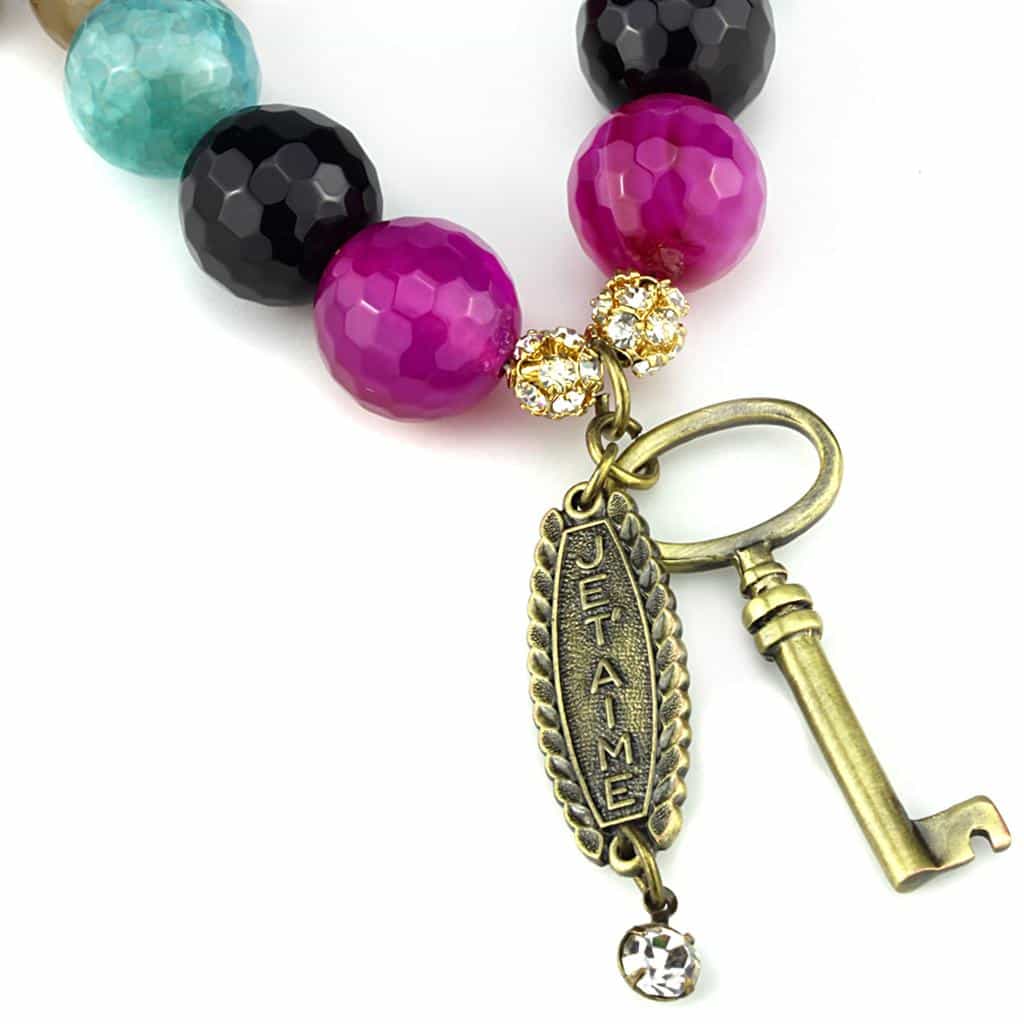 Brass Multi Color Agate Gold Leaf Key Charm Bead Necklace view 3