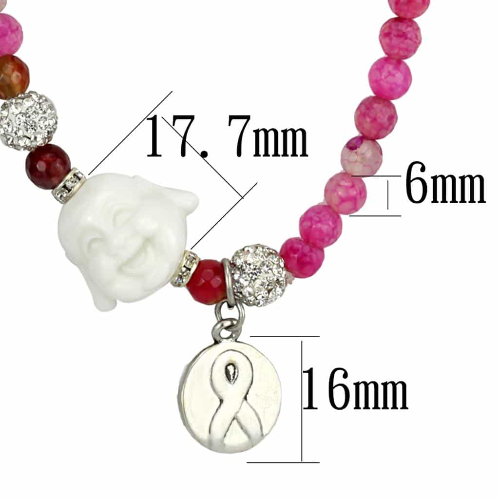Brass Pink Agate Red Buddha CZ Ball Ribbon Charm Bead Necklace view 2