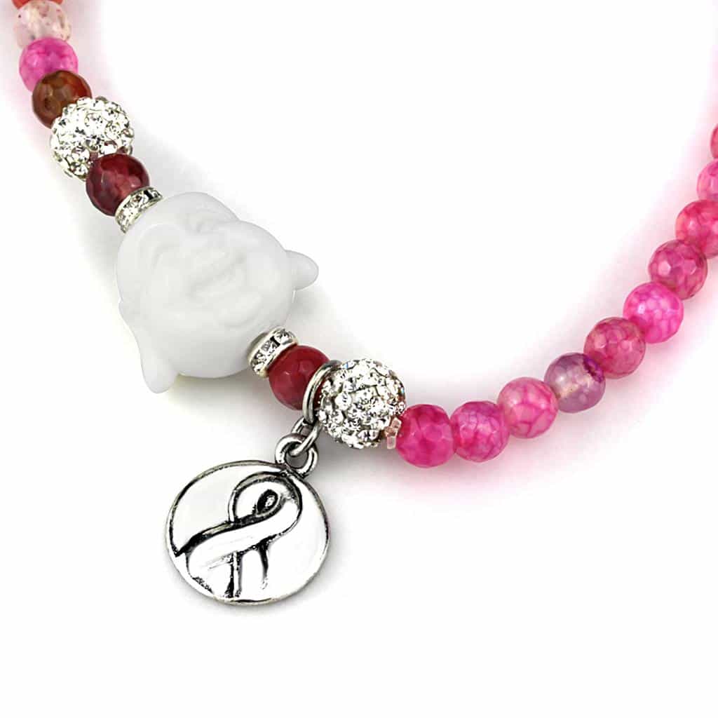 Brass Pink Agate Red Buddha CZ Ball Ribbon Charm Bead Necklace view 3