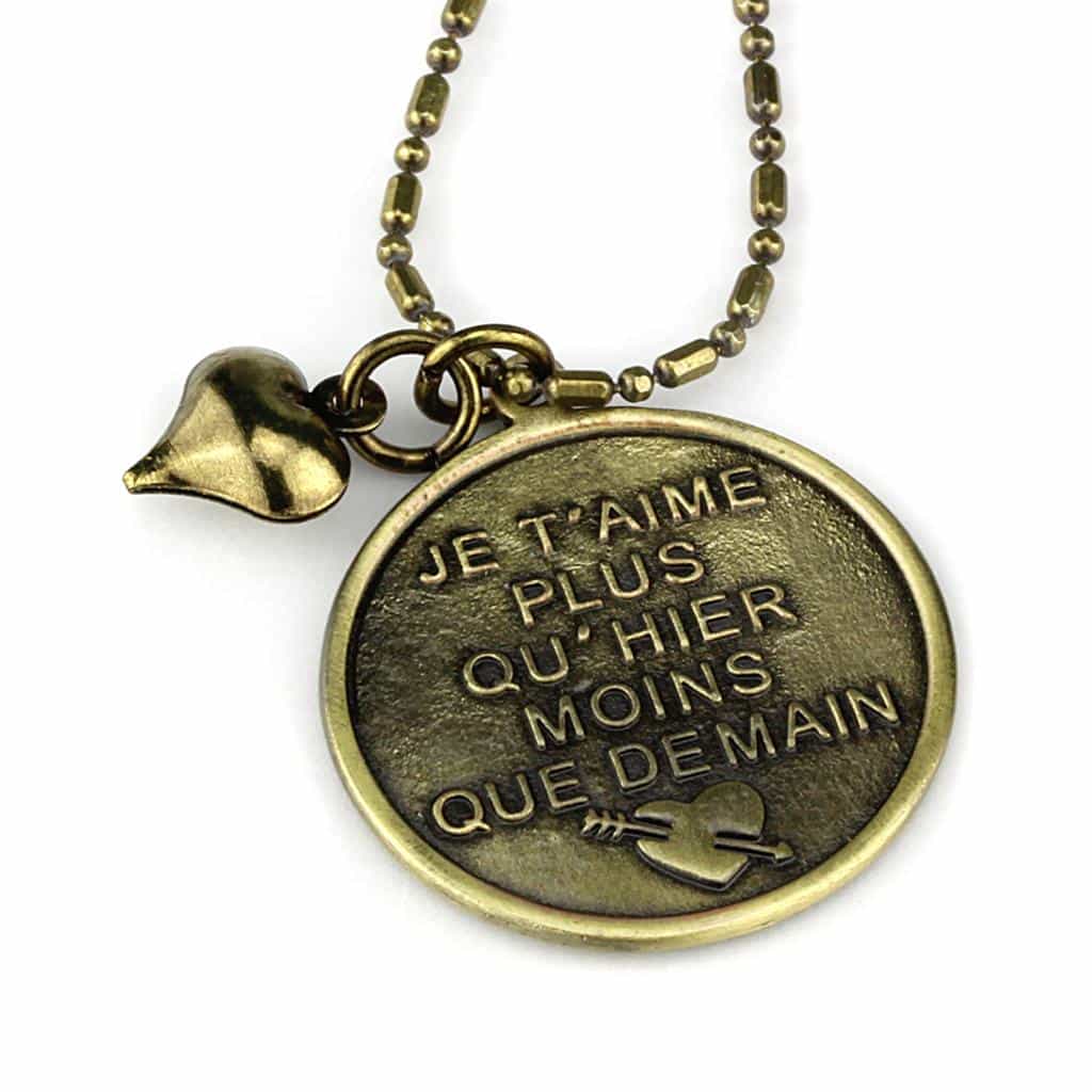 Brass Antique Gold French Quote Coin Pendant Necklace view 3