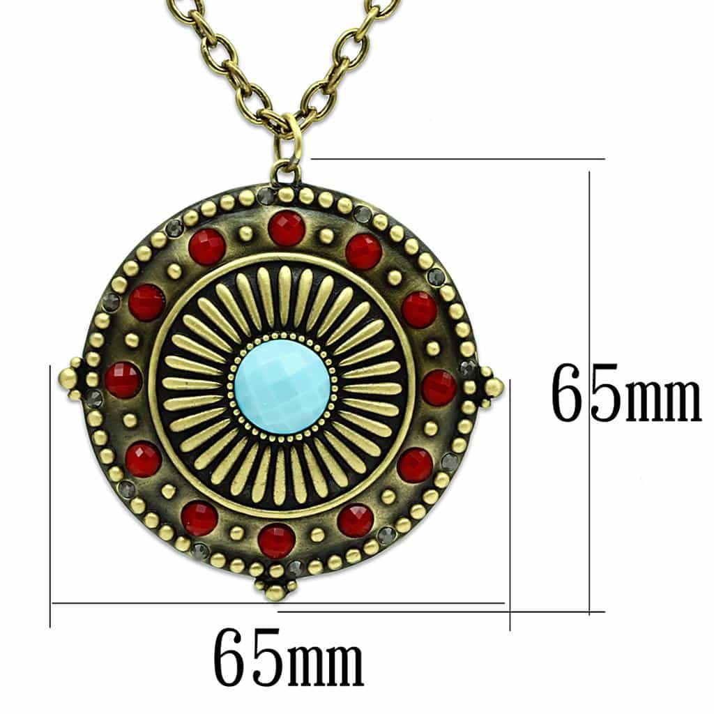 Brass Antique Gold Turquoise Red Sunburst Medallion Necklace view 2