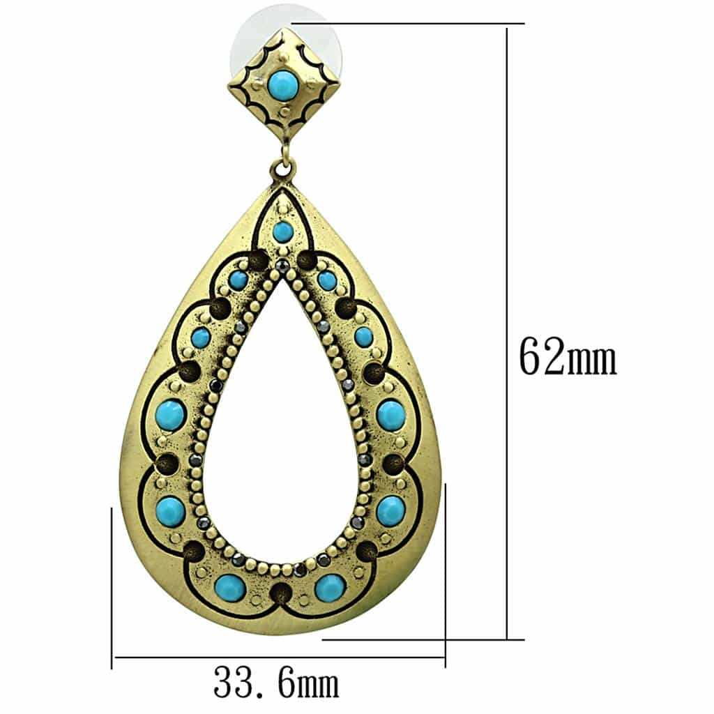 Brass Antique Gold Turquoise Teardrop Filigree Dangle Earrings view 2