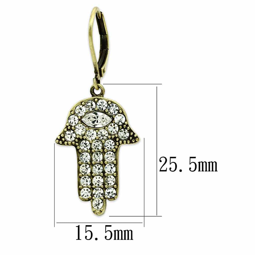 Brass Antique Gold CZ Hamsa Hand Leverback Earrings view 2