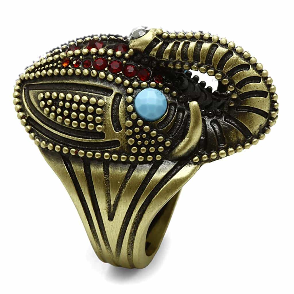 Brass Antique Gold Turquoise Red Crystal Feather Cocktail Ring view 3