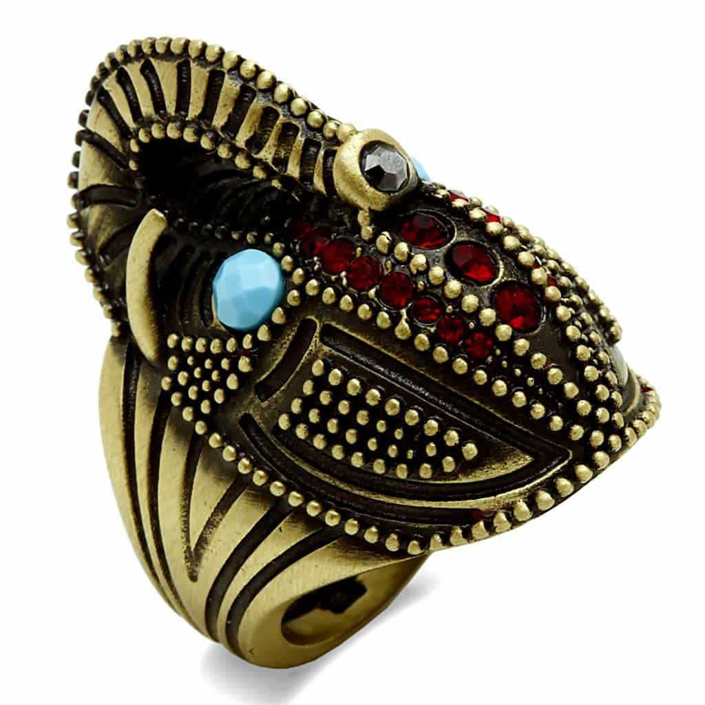 Brass Antique Gold Turquoise Red Crystal Feather Cocktail Ring view 4