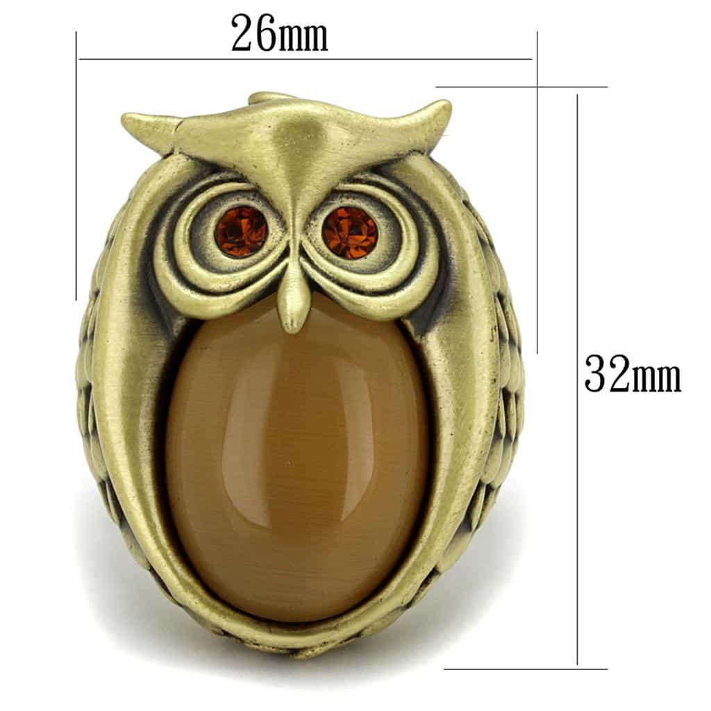 Brass Antique Gold Owl Brown Cat Eye CZ Cocktail Ring view 2