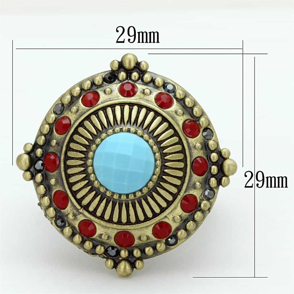 Brass Antique Gold Turquoise Red Sunburst Medallion Cocktail Ring view 2