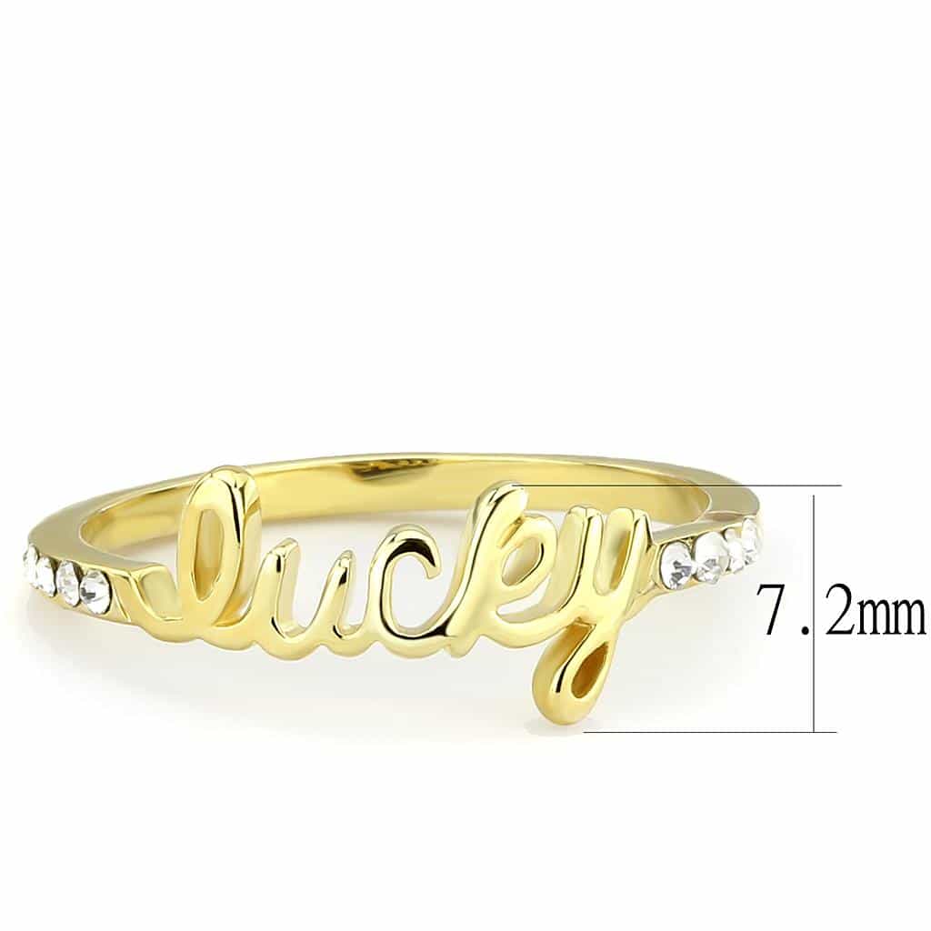 Brass Gold CZ Script Lucky Word Ring | The Stainless Jewelry view 2