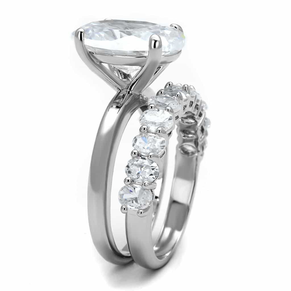 Brass Silver CZ Oval Solitaire Halo Wide Band Ring view 3