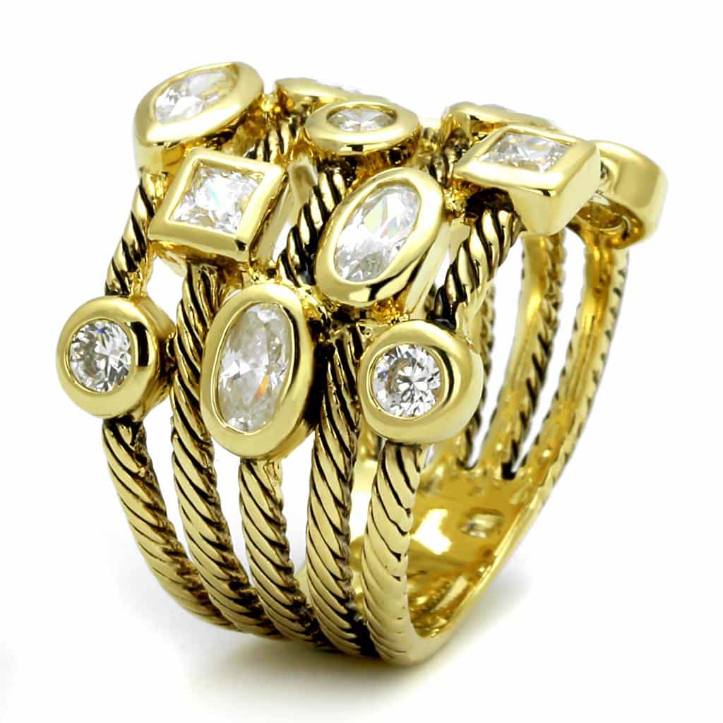 Brass Gold CZ Multi Shape Bezel Cable Wide Band Ring view 3