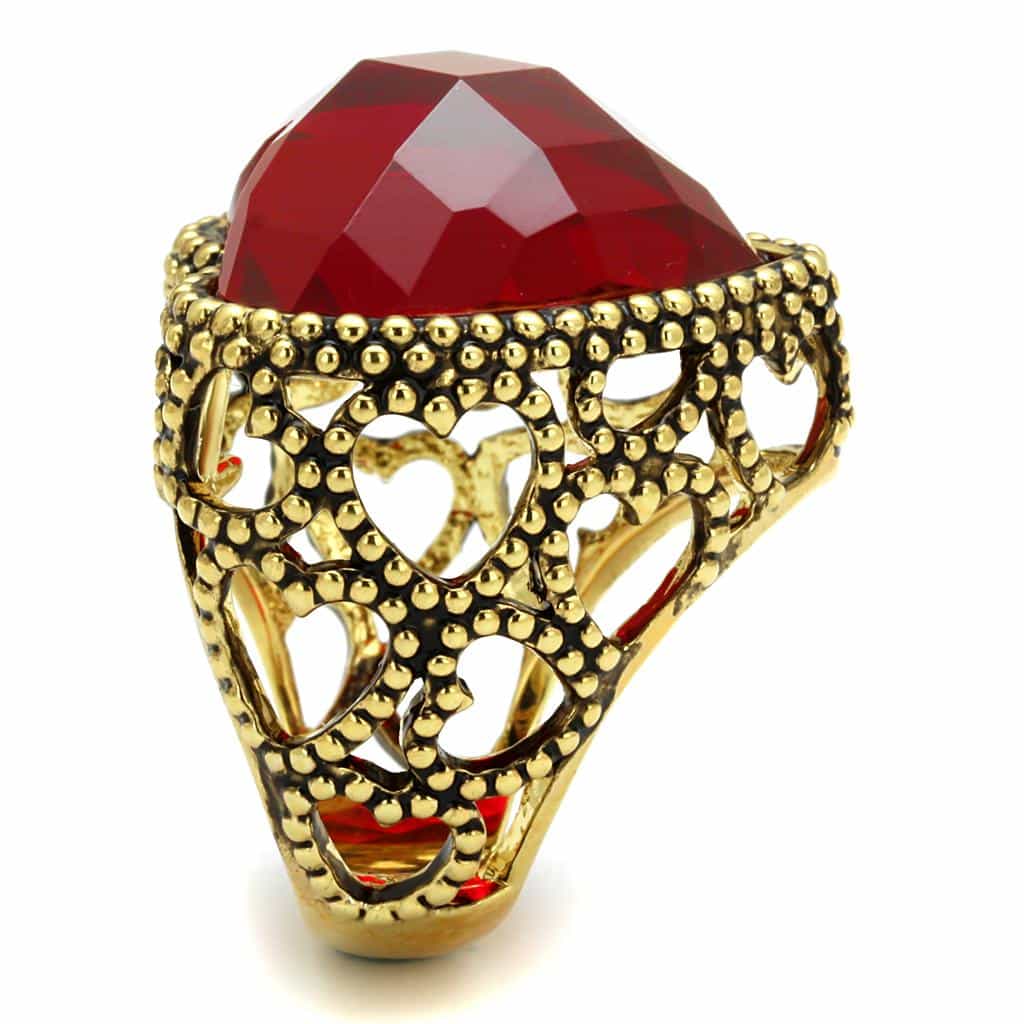 Brass Antique Gold Red Ruby Cushion Beaded Scroll Cocktail Ring view 3