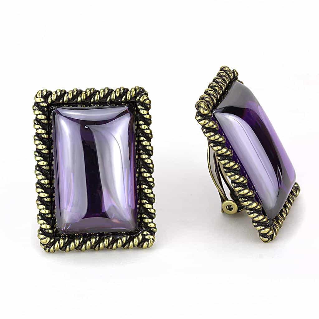 Brass Antique Gold Amethyst Rectangle Rope Stud Earrings view 2