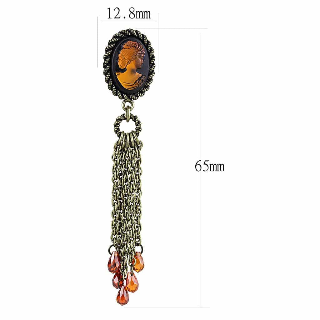 Brass Antique Gold Brown Cameo Chain Drop Earrings view 2
