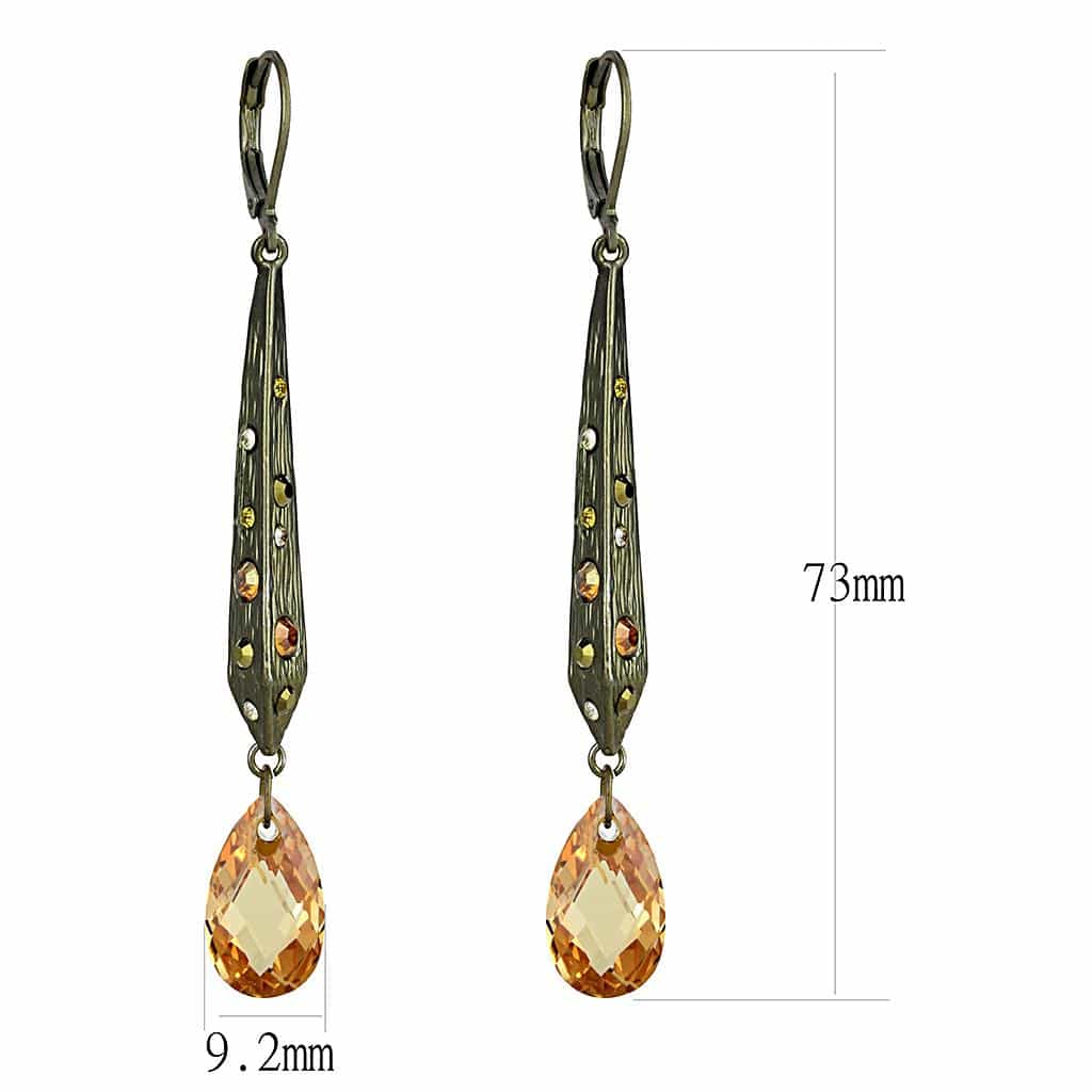 Brass Antique Gold Amber Crystal Elongated Drop Earrings view 2