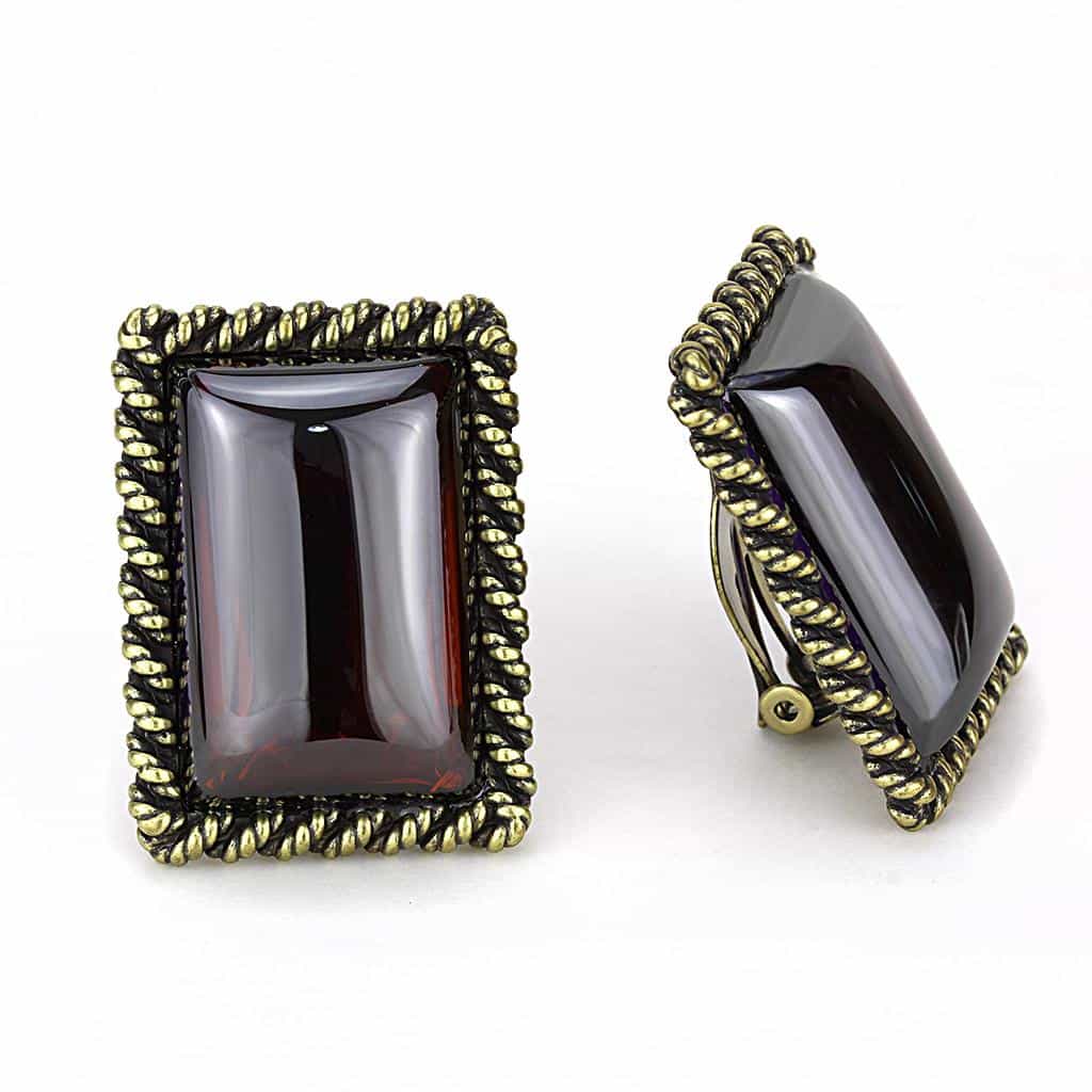 Brass Antique Gold Garnet Rectangle Rope Stud Earrings view 2