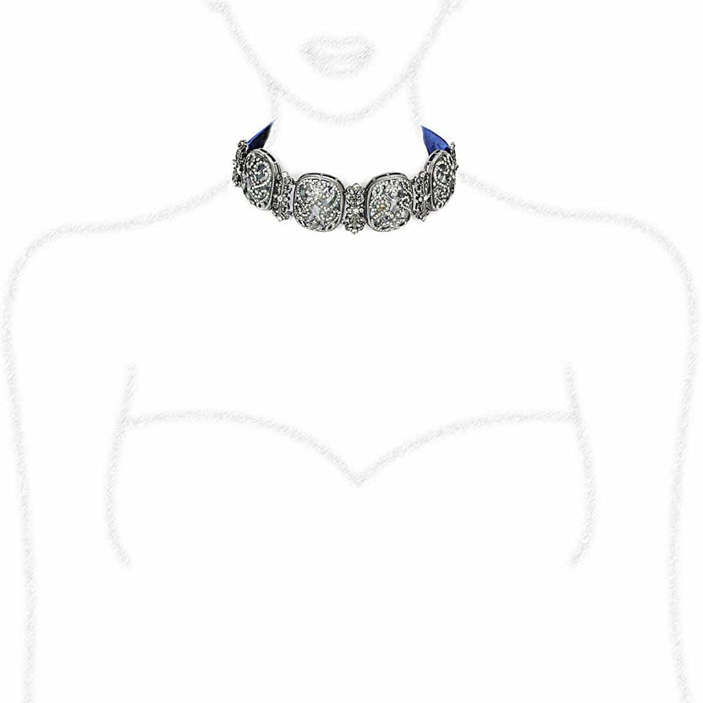 Brass Antique Silver Crystal Medallion Link Choker Necklace view 2