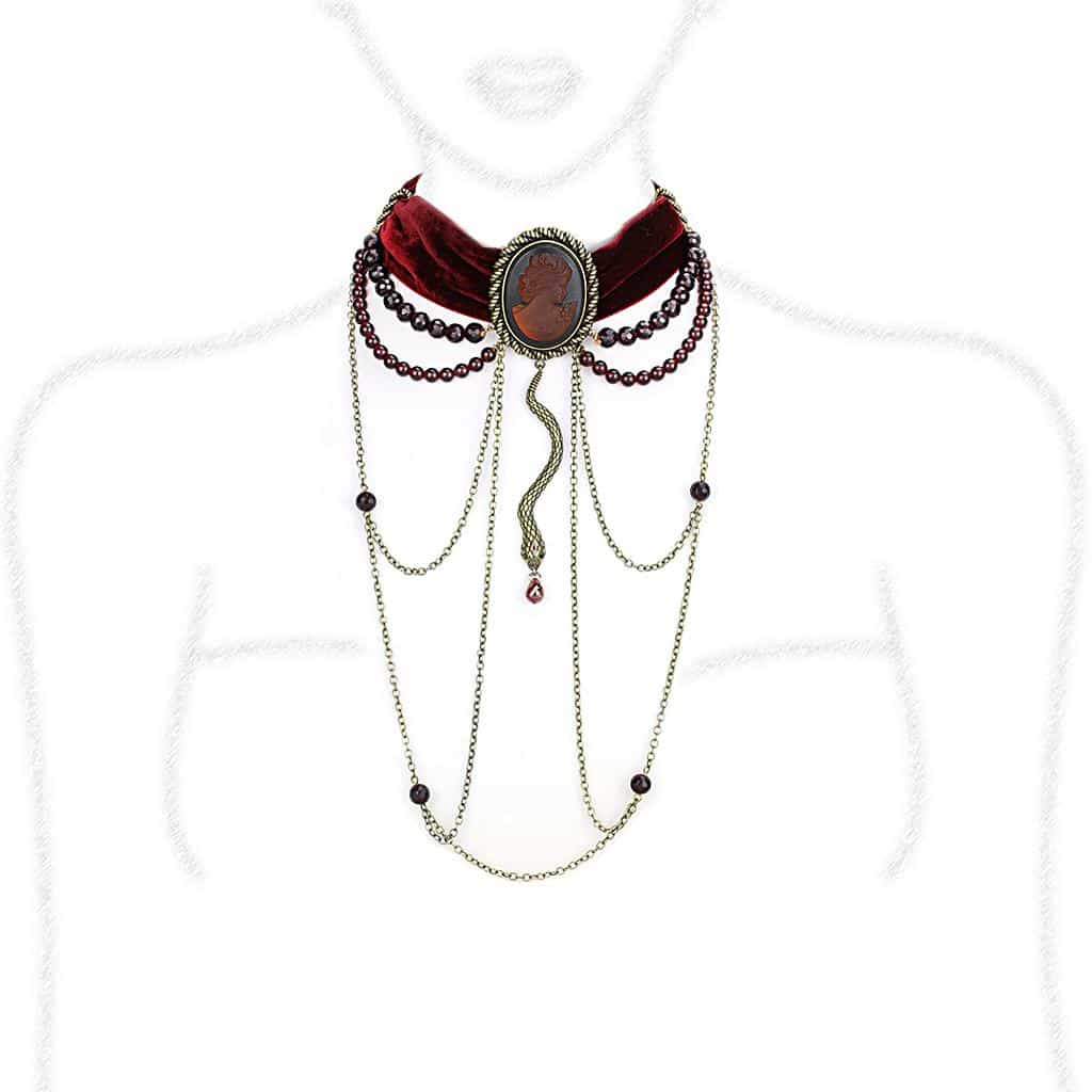 Brass Antique Gold Brown Cameo Velvet Ribbon Layered Necklace view 2