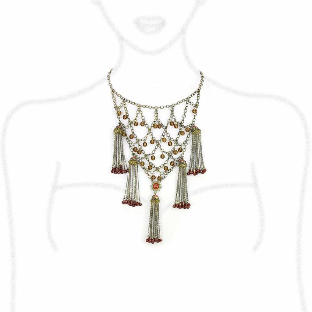 Brass Antique Gold Amber Crystal Chain Tassel Bib Necklace view 2