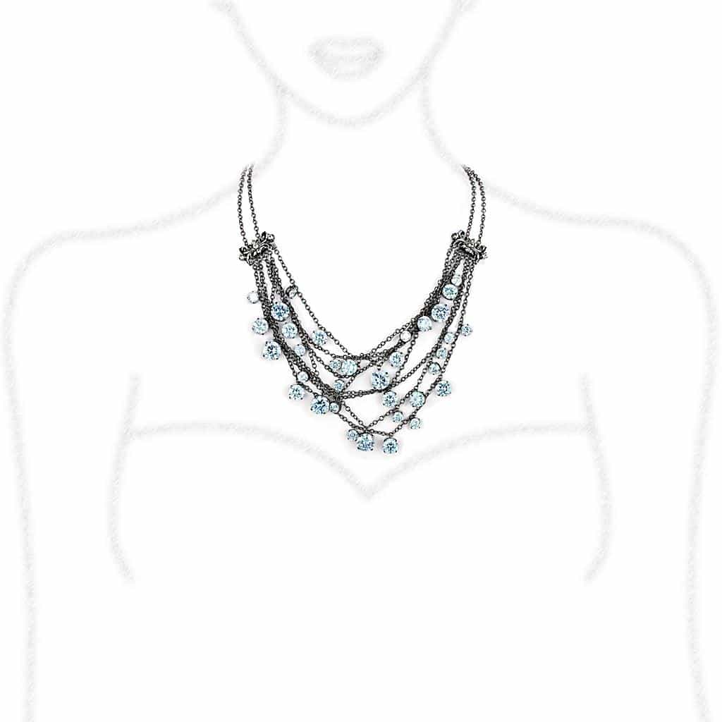 Brass Antique Silver Blue Crystal Multi Strand Layered Necklace view 2
