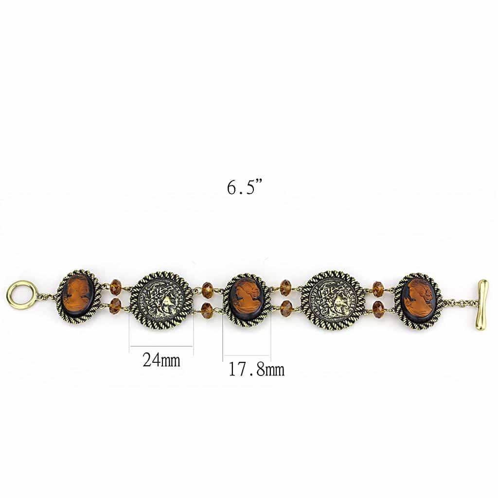 Brass Antique Gold Amber Cameo Medallion Link Bracelet view 2