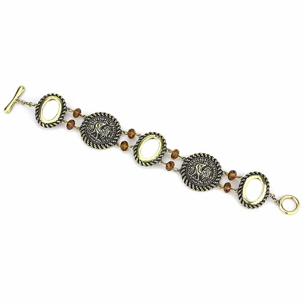Brass Antique Gold Amber Cameo Medallion Link Bracelet view 3