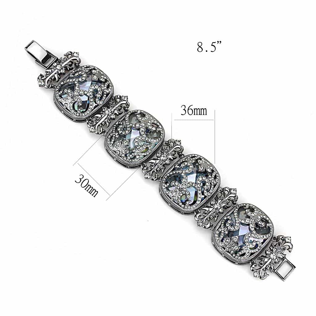 Brass Antique Silver Crystal Heart Filigree Stretch Bracelet view 2