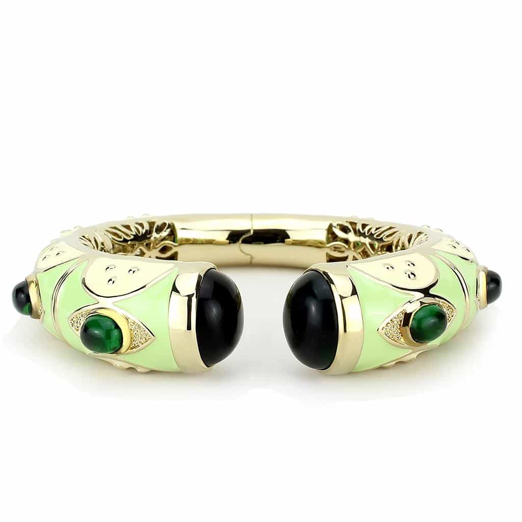 Brass Gold Green Enamel Cabochon Hinged Bangle Bracelet view 2