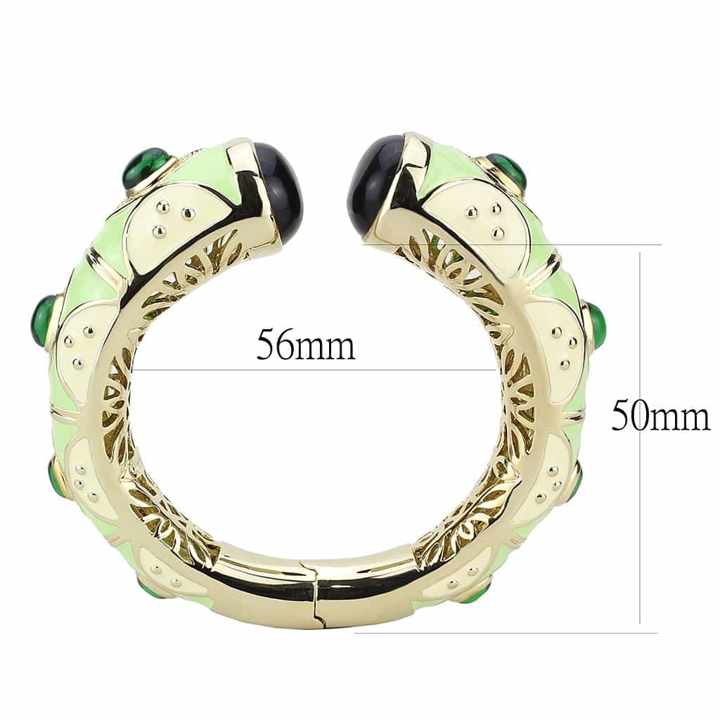 Brass Gold Green Enamel Cabochon Hinged Bangle Bracelet view 3