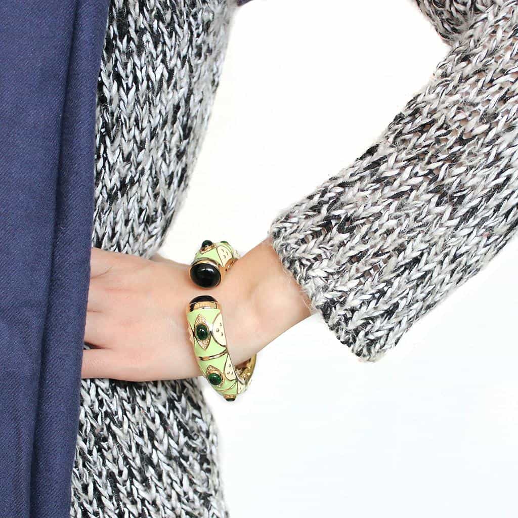 Brass Gold Green Enamel Cabochon Hinged Bangle Bracelet view 5