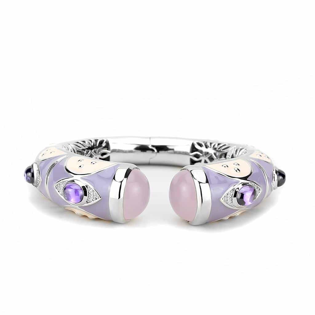 Brass Silver Lavender Enamel Cabochon Wide Cuff Bangle Bracelet view 2