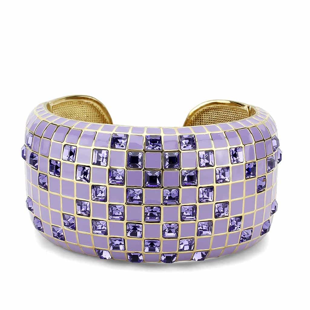 Brass Gold Lavender Enamel Crystal Grid Wide Cuff Bangle Bracelet view 2