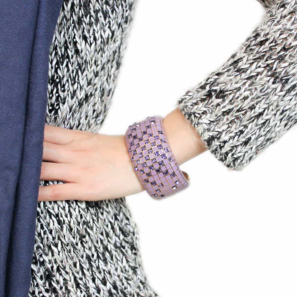 Brass Gold Lavender Enamel Crystal Grid Wide Cuff Bangle Bracelet view 5
